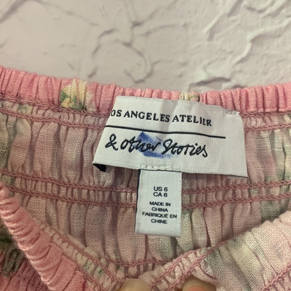 & Other Stories Floral Linen Dress Pink 6 Puff Sleeve Smock Peasant Romantic - Picture 4 of 17